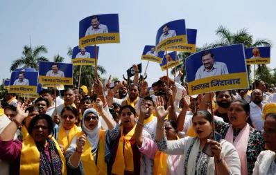 File image: Supporters of the Aam Aadmi Party (AAP) protest against the arrest of the party`s main leader and Delhi Chief Minister Arvind Kejriwal in New Delhi, India on March 23, 2024. Photo: Reuters