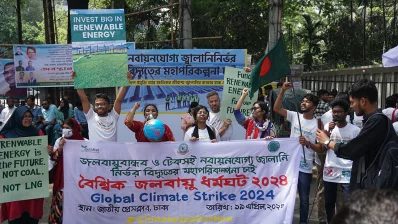 Bangladeshi climate activists hold a rally in front of the National Press Club in Dhaka on Friday, April 19, 2024. Photo: Courtesy