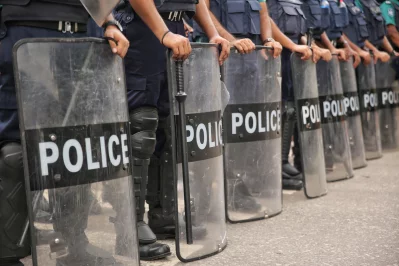 Members of the Bangladesh police hold riot shields. Photo: Ahadul Karim Khan/Dhaka Tribune