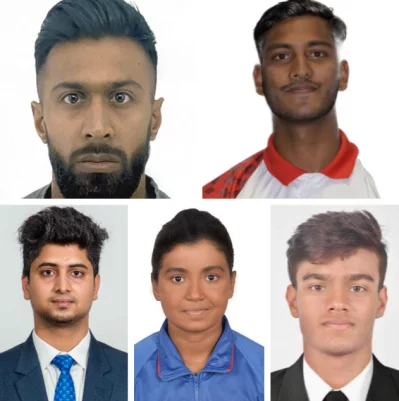 Top: Bangladesh athlete Imranur Rahman (L) and archer Sagor Islam, bottom: Shooter Robiul Islam (L), swimmer Sonia Khatun (C) and swimmer Samiul Islam Rafi