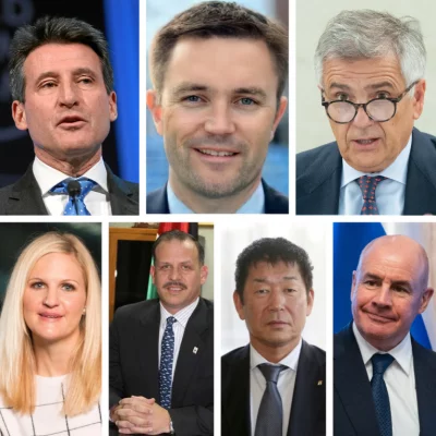 (L-R) Top: Sebastian Coe, David Lappartient and Juan Antonio Samaranch Junior, bottom: Kirsty Coventry, Prince Faisal al-Hussein, Morinari Watanabe and Johan Eliasch