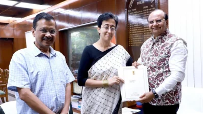 Arvind Kejriwal, left, and Atishi Singh, centre, meeting Lieutenant Governor VK Saxena in Delhi on September 17, 2024. Photo: X