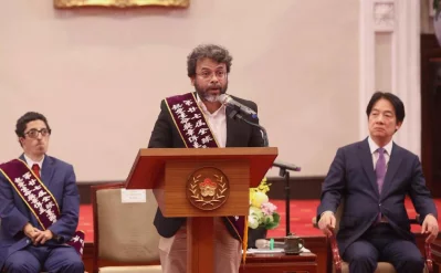 Rezwan is giving a speech at the Office of the President. From left to right:  David Gonz&aacute;lez, Mohammed Rezwan, and President Lai Ching-te. Photo: The Office of the President in Taiwan