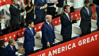 Marco Rubio, left, Donald Trump, second left, Glenn Youngkin, second right, and Eric Trump attend the third day of the 2024 Republican National Convention at the Fiserv Forum in Milwaukee, Wisconsin, on July 17, 2024. Photo: AFP