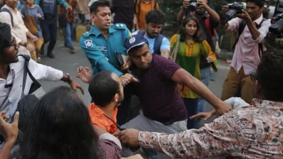 Police and protesters clash in front of the Intercontinental Hotel in the capital on Tuesday, March 11, 2025. Photo: Mehedi Hasan/Dhaka Tribune