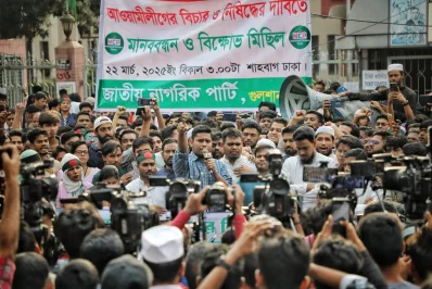 Hasnat Abdullah, the chief organizer of the southern region of the National Citizen Party (NCP), addresses a protest march and rally at Shahbagh, demanding the trial, deregistration, and ban on the political and organizational activities of the Awami League, on Saturday, March 22, 2025. Photo: Ahadul Karim Khan/ Dhaka Tribune