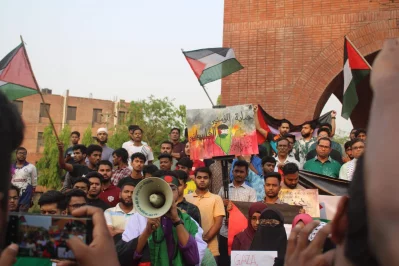 JU erupts in protest against Israeli atrocities in Gaza on Monday, April 07, 2025. Photo: Dhaka Tribune