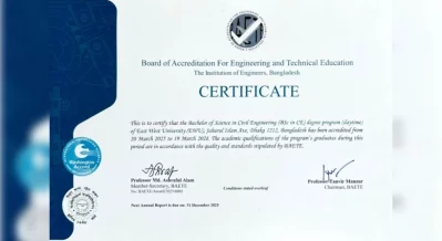 The Bachelor of Science (BSc) in Civil Engineering program of East West University (EWU) has been officially accredited by the Board of Accreditation for Engineering and Technical Education (BAETE). Photo: Courtesy