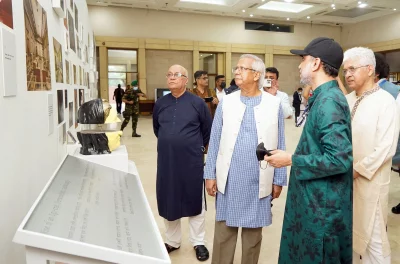 Chief Adviser Yunus inspects July Memorial Museum site, joined by Farooq-e-Azam, Adilur Rahman Khan, Mostofa Sarwar Farooki and other officials and committee members. Photo: Courtesy