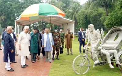 Chief Adviser Yunus inspects July Memorial Museum site, joined by Farooq-e-Azam, Adilur Rahman Khan, Mostofa Sarwar Farooki and other officials and committee members. Photo: Courtesy