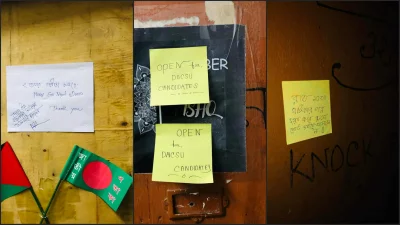 Students hang notices on the doors of various rooms in different halls for the Ducsu candidates. Photo: Dhaka Tribune