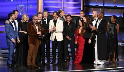 The Studio team accepts the #Emmy for Outstanding Comedy Series on 77th Emmy Awards in Los Angeles on Sunday, September 15, 2025. Photo: Facebook/Emmys Television Academy