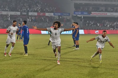 Hamza Choudhury celebrates after scoring the equalizer for Bangladesh in Dhaka on Thursday (Mehedi Hasan/Dhaka Tribune)