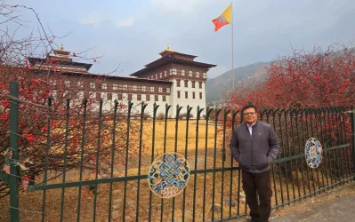 Writer in front the Tashichho Dzong – a Buddhist monastery and fortress located in Thimphu. Photo: Dhaka Tribune