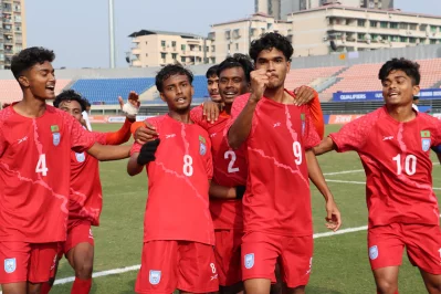 Md Manik, No. 9, celebrates after a goal against Sri Lanka on Wednesday