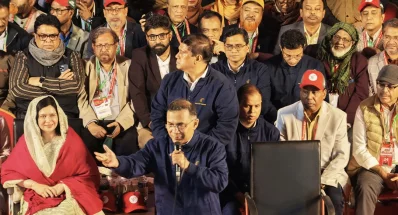 Tarique Rahman addressing an election rally at Altafunnesa Playground in Bogra early Friday, January 30, 2026. Photo: Dhaka Tribune