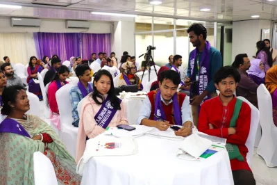 Speakers address a town hall titled &lsquo;Her Voice. Her Rights.&rsquo; organized by Manusher Jonno Foundation marking International Women&rsquo;s Day on Sunday, March 8, 2026. Photo: Dhaka Tribune