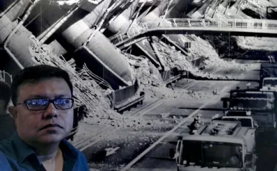 The background of this image shows the dramatic collapse of the Hanshin Expressway (Kobe Line) during the 1995 earthquake.