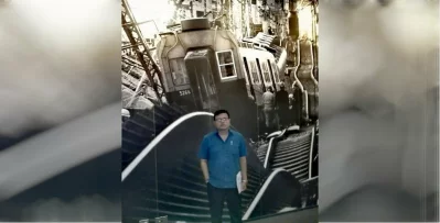 The writer stands in front of a large-scale photo exhibit at the museum. The exhibit depicts the devastating aftermath of the Great Hanshin Earthquake &ndash; specially, the image in the background shows twisted railway tracks and a derailed train, illustrating the sheer force of the earthquake.