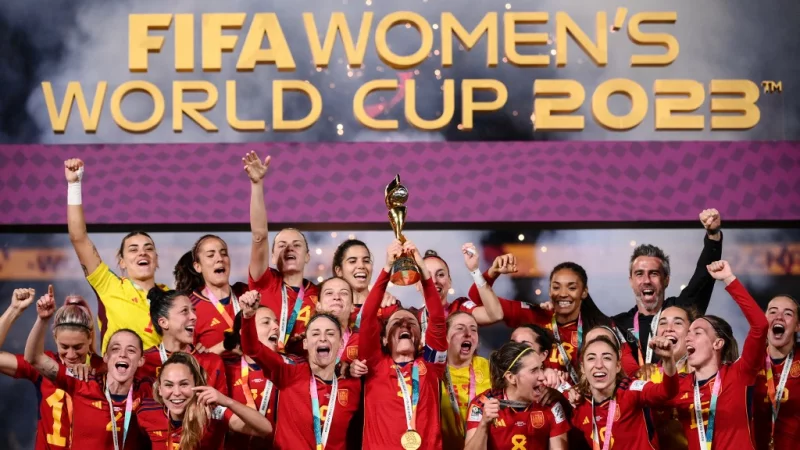 Spain's Olga Carmona shows message on shirt during World Cup win