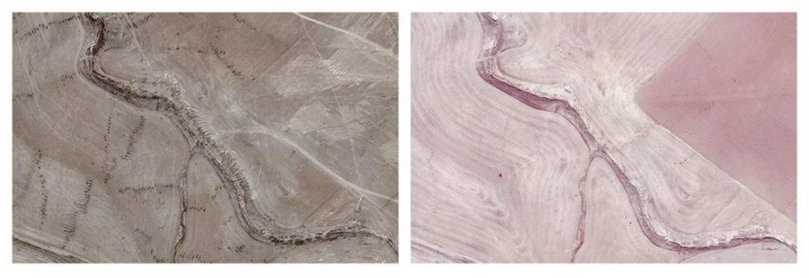This combination of two satellite images provided by AllSource Analysis shows a suspected mass grave site with tire tracks leading to a ravine, top left, and evidence of digging along the ravine at Badoush Prison in Mosul, Iraq, on Nov. 13, 2015, left, and the site on July 17, 2014, right AP