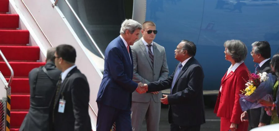 Bangladesh Foreign Minister AH Mahmood Ali greets his US counterpart John Kerry at the Shahjala International Airport in Dhaka on August 29, 2016. US Ambassador to Bangladesh Marcia Bernicat was also present there Dhaka Tribune/Syed Zakir Hossain