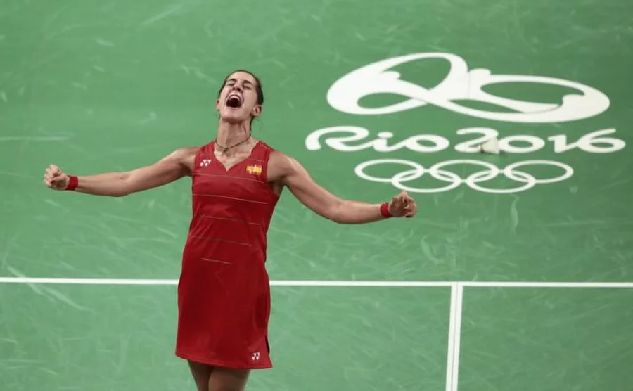 2016 Rio Olympics - Badminton - Women's Singles - Gold Medal Match - Riocentro - Pavilion 4 - Rio de Janeiro, Brazil - 19/08/2016. Carolina Marin (ESP) of Spain celebrates winning her match against P.V. Sindhu (IND) of India.       REUTERS/Alkis Konstantinidis FOR EDITORIAL USE ONLY. NOT FOR SALE FOR MARKETING OR ADVERTISING CAMPAIGNS.