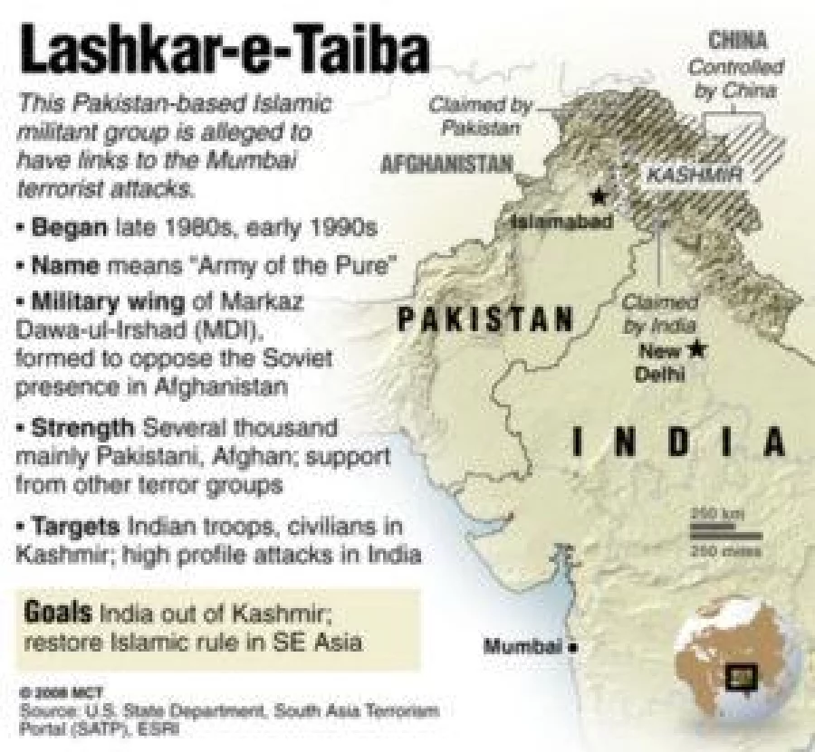Map and profile of Pakistan-based Islamic militant group that is being investiaged for possible links to the Mumbai terroist attacks. MCT 2008 With INDIA-ATTACKS, McClatchy Washington Bureau by Saeed Shah 11000000; 16000000; krtgovernment government; krtpolitics politics; krtwar war; krtworld world; POL; WAR; krt; mctgraphic; 11001000; DEF; defense; krtworldpolitics; al qaeda; al qaida; al-qaeda; al-qaida; attacks; krtterror; krtterrorintl; terror; 16001000; krtterrorism terrorism; AFG; afghanistan; IND; india; krtasia asia; krtnamer north america; PAK; pakistan; u.s. us united states; USA; india-attacks; islamist; lashkar-e-taiba; militant; mumbai; shah; soviet; treible; wa; 2008; krt2008
