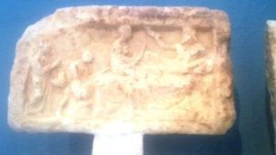 Plaque at museum depicts Hades, Persephone and wine provider11111
