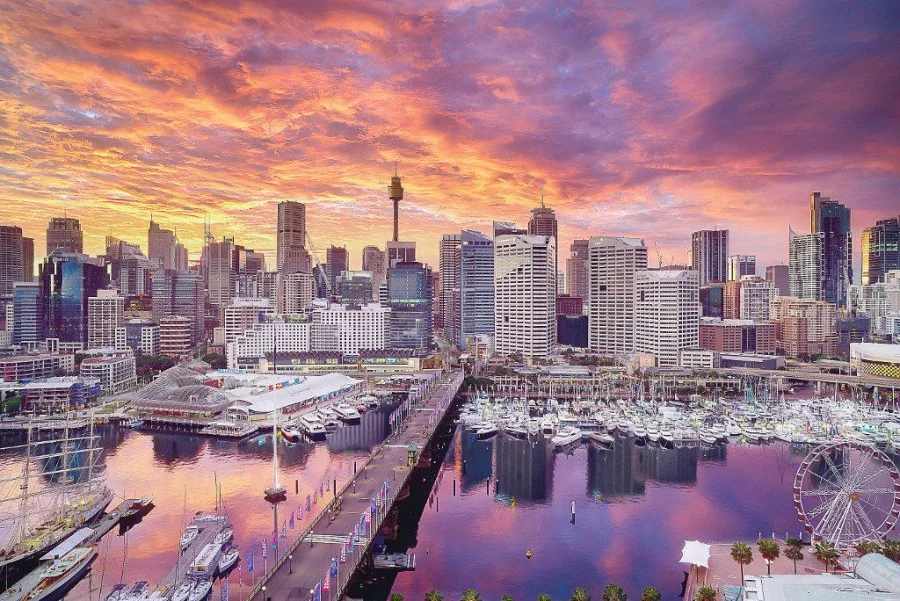 SYDNEY AUSTRALIA - Augus 8 2016 : Sunrise of Darling Harbour adjacent to the city center of Sydney and also a recreational place in Sydney central business district