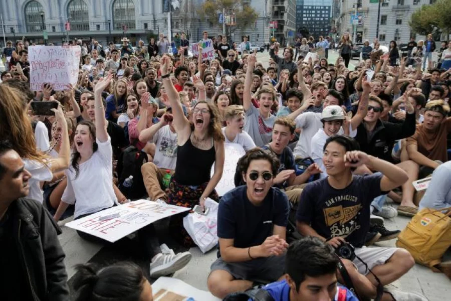 Students hold a sit-in in front of City Hall protesting the election of Republican Donald Trump as President of the United States in San Francisco, California, U.S. November 10, 2016. Photo: Reuters
