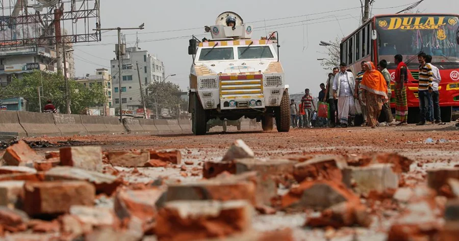 A armored personnle carrier of Dhaka Metropolitan Police patrolling in Dhaka's Gabtoli after transport workers trashes the area on Wednesday, March 1, 2017 , demonstrating against "unfair justice" against two of their fellow co-workers Mehedi Hasan/Dhaka Tribune 