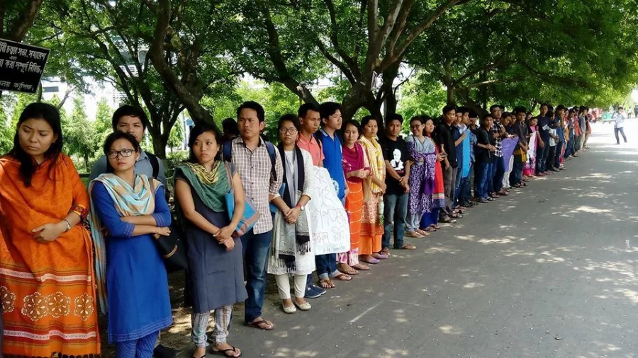 Students of different departments take part in a human chain organised to protest against the death of Romel Chakma and demanding an end to extrajudicial killings COURTESY