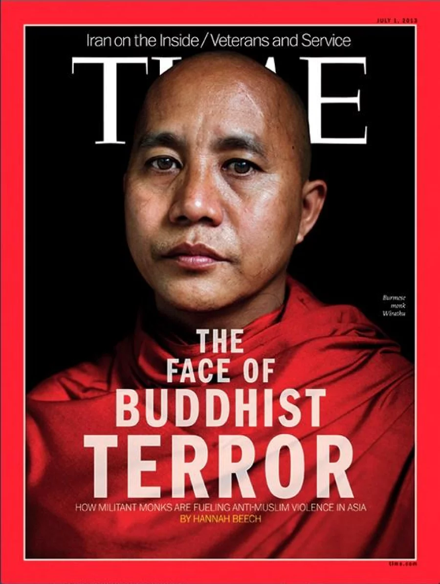 This image received June 24, 2013,courtesy of TIME magazine shows the the July 1, 2013 picture of controversial Myanmar monk Wirathu on its international cover. Myanmar has reacted angrily to the Time magazine cover story on the prominent radical monk accused of fuelling anti-Muslim violence, accompanied by the headline "The Face of Buddhist Terror". The Time report "creates a misunderstanding of Buddhism which has existed for thousands of years and is the religion of the majority of our citizens," said a statement posted on the presidential office website late on June 23. AFP PHOTO / TIME== RESTRICTED TO EDITORIAL USE / MANDATORY CREDIT: "AFP PHOTO / TIME / NO MARKETING / NO ADVERTISING CAMPAIGNS / DISTRIBUTED AS A SERVICE TO CLIENTS == / AFP PHOTO / TIME / HO