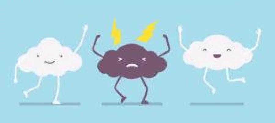 White fluffy cute happy clouds legs, arms jumping with joy and angry lightning storm cloud, weather is changing, good forecast, promising clear day, emotions and feelings, anger managment, bad temper