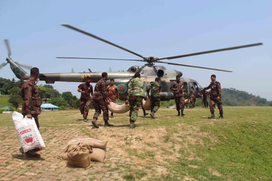 On May 3, the army, assisted by the air force and Border Guard Bangladesh, distributed 5 tonnes of rice among the starved indigenous peoples of remote Sajek areas. The food supplies were transported to the villages in a helicopter/DHAKA TRIBUNE