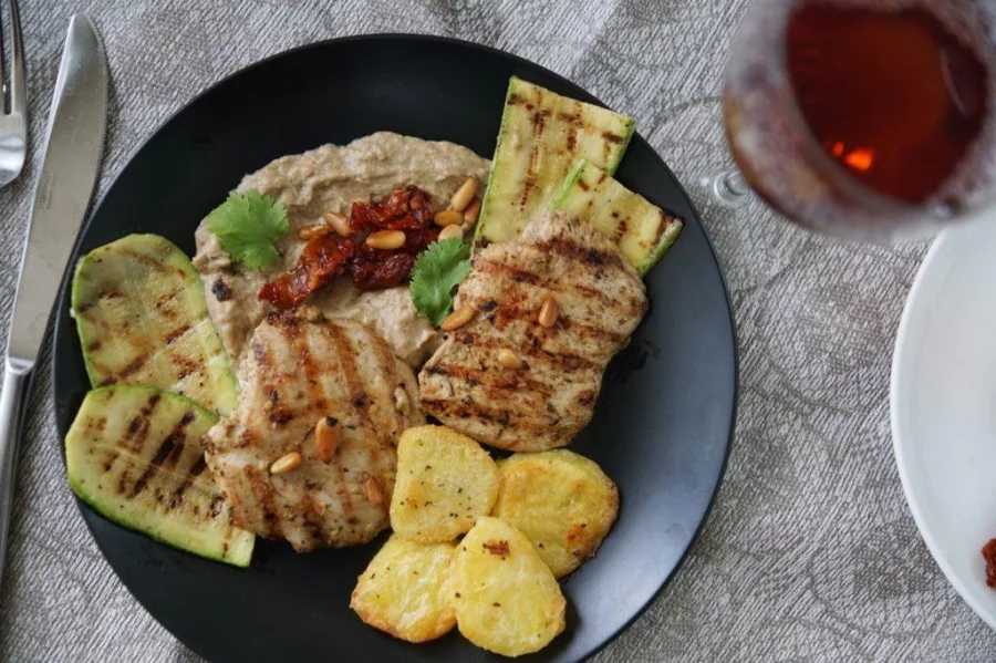 Zataar chicken with eggplant puree