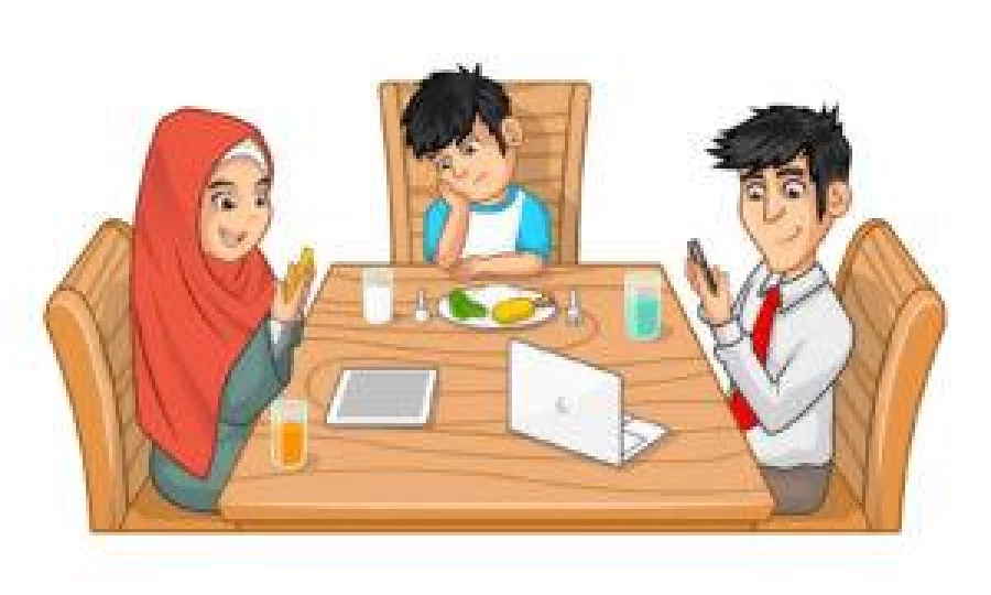 Family Eating Together Cartoon Character Parents are Busy with Their Gadgets and Sullen Boy with Head on Hand Vector Illustration
