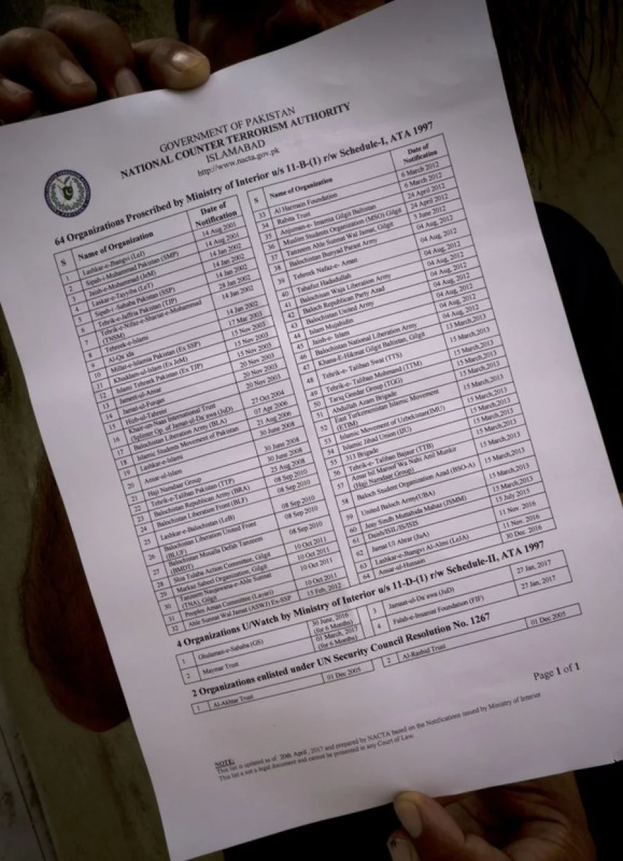 In this Wednesday, May 31, 2017 photo, a Pakistani official shows a list of banned organizations, issued by the National Counter Terrorism Authority (NACTA), in Islamabad, Pakistan. Pakistan has frozen the accounts of 5,000 suspected terrorists taking roughly $3 million out of their pockets, all in an attempt to curb terrorism financing, but Islamabad could still come under scrutiny at a crucial June 2017 meeting of the Financial Action Task Force, an international watchdog tracking terrorist financing. (AP Photo/B.K. Bangash)