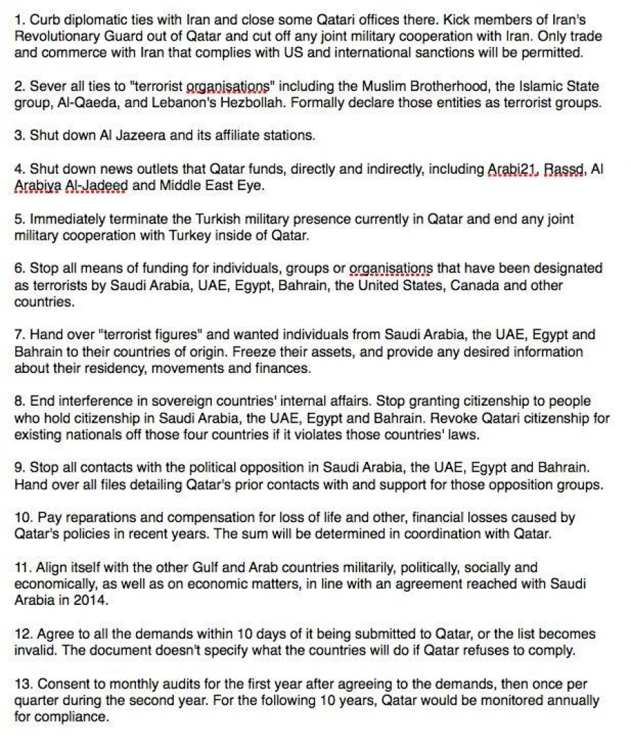 Associated Press has published the 13 demands made by Saudi Arabia and others to Qatar