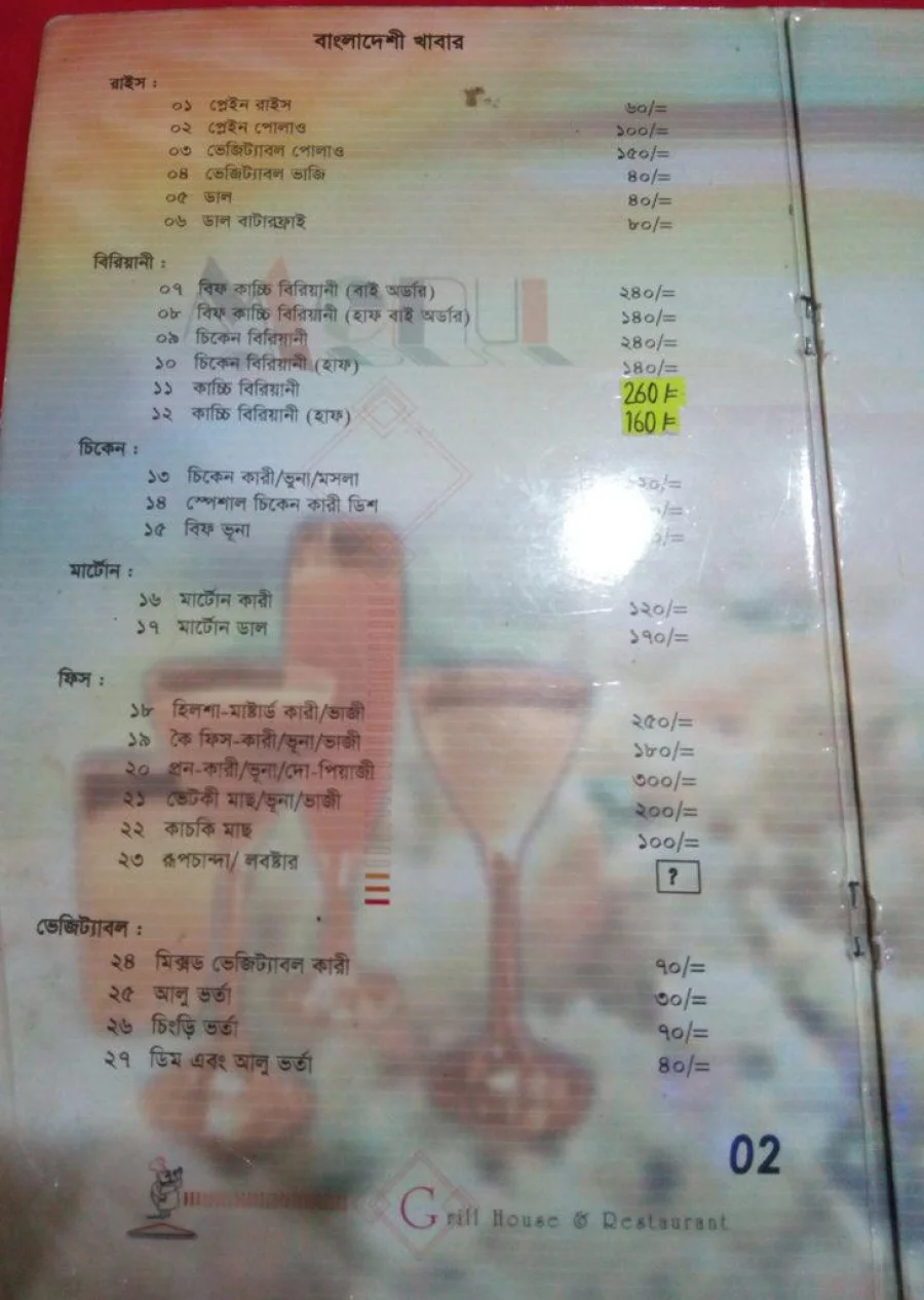  A menu card, issued by Grill House in Khulna city. The owner of it claimed Farhad Mazhar had a meal in the joint Dhaka Tribune 