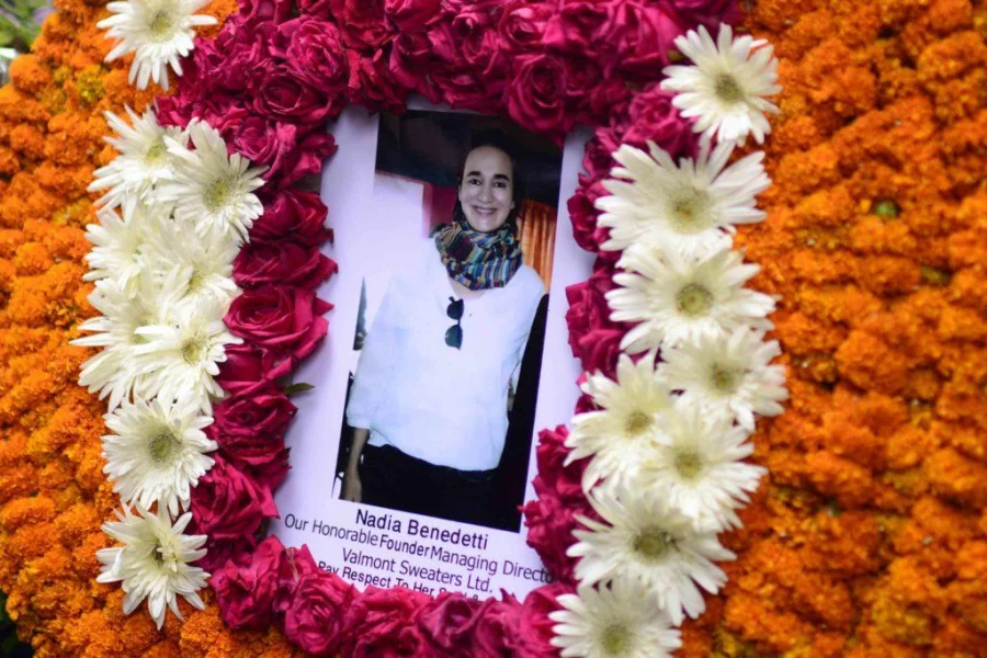 A floral wreath placed in front of the restaurant to remember Nadia Benedetti, am Italian victim of the attack Mahmud Hossain Opu
