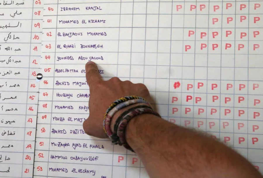 A journalist points the name of Younes Abouyaaqoub in a table of voluntary payments for the expenses of the mosque (where he didn't contribute) at a mosque where imam Abdelbaki Es Satty preached in Ripoll, north of Barcelona, Spain August 20, 2017 Reuters
