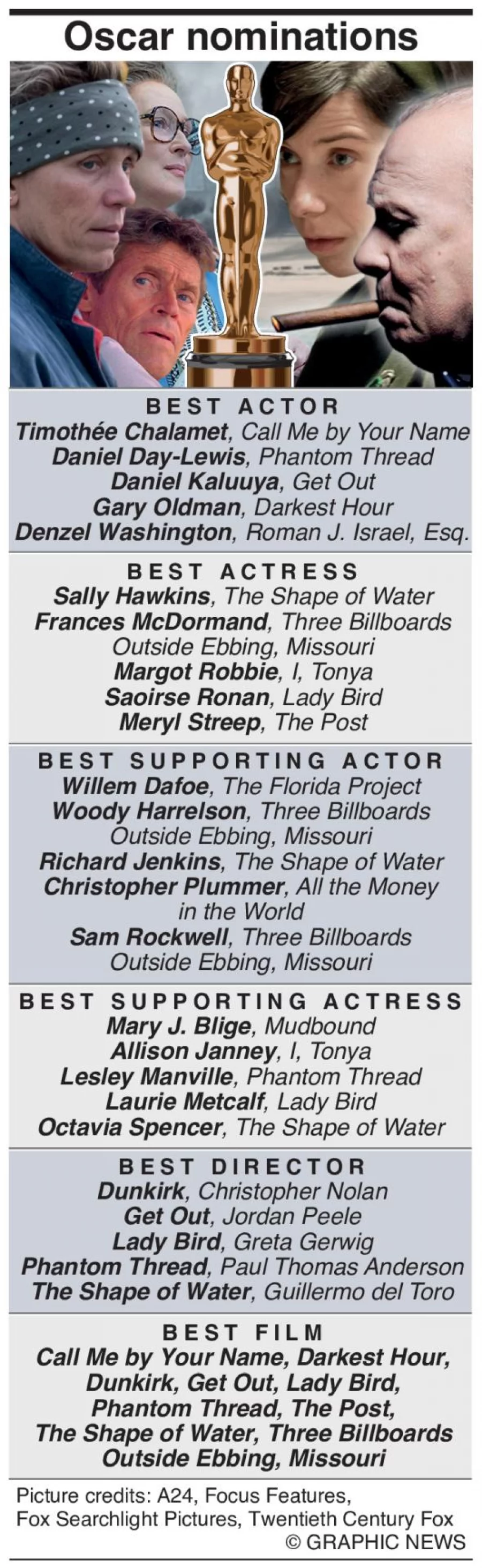 Oscar nominations 2018<br /> January 23, 2018 -- The Shape of Water is leading the nominations for the 90th Academy Awards. Guillermo del Toro’s fantasy romance received 13 nominations, including best picture.<br /> Graphic News