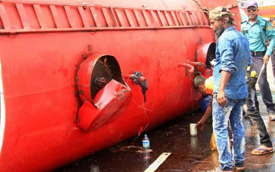 Oil Tanker Overturns On Airport Road