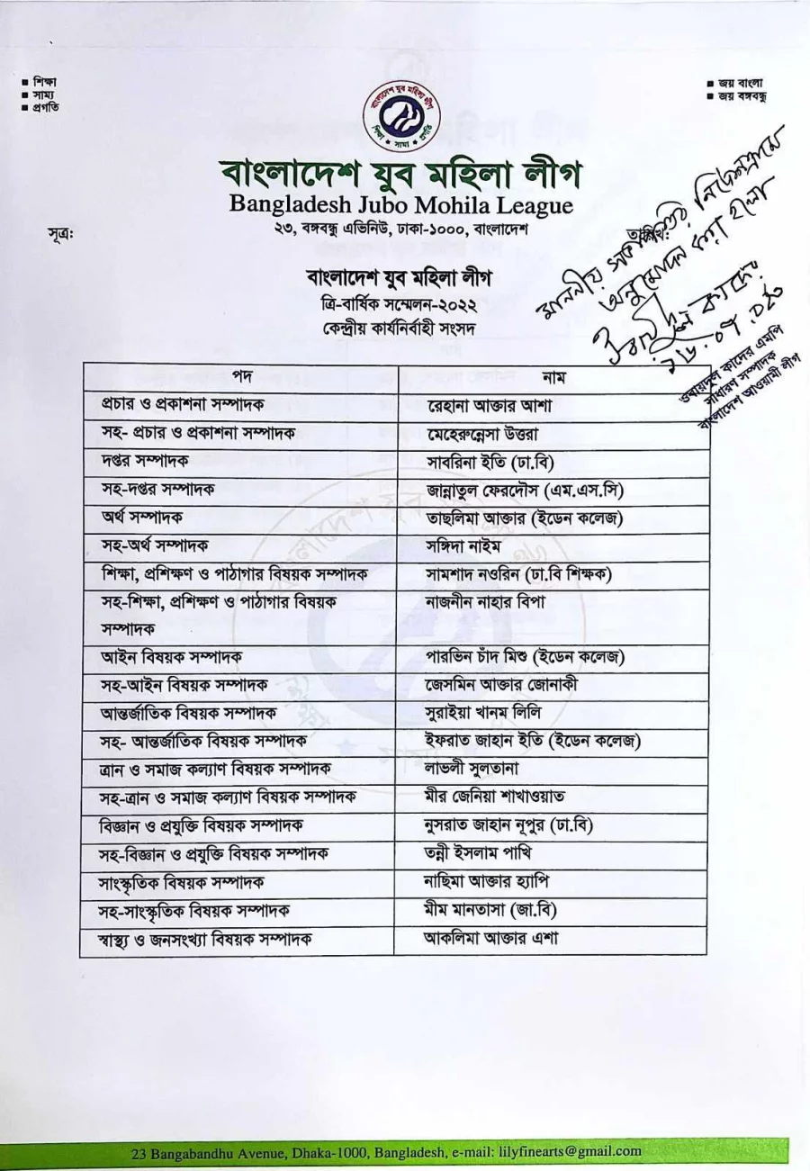 Jubo Mohila League, Mohila Awami League full committees announced