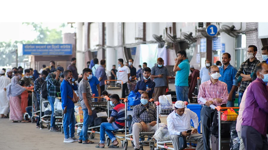 The undated image shows expatriate workers waiting outside Hazrat Shahjalal International Airport in Dhaka. Photo: Mahmud Hossain Opu/Dhaka Tribune