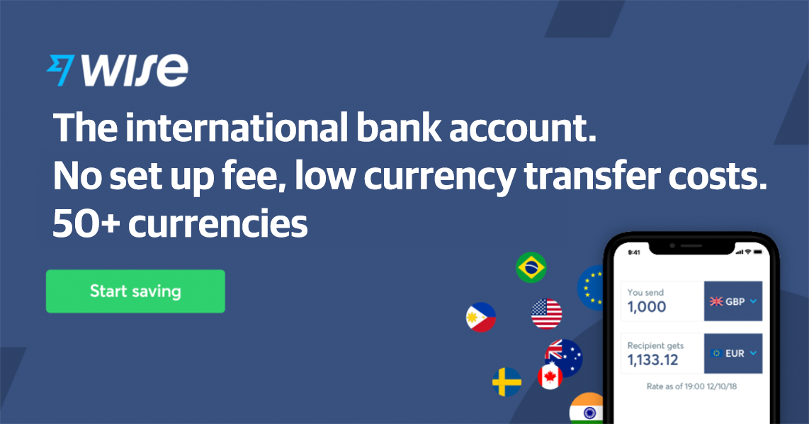 Wise, the international bank account. No set up fee, low currency transfer costs. 50+ currencies